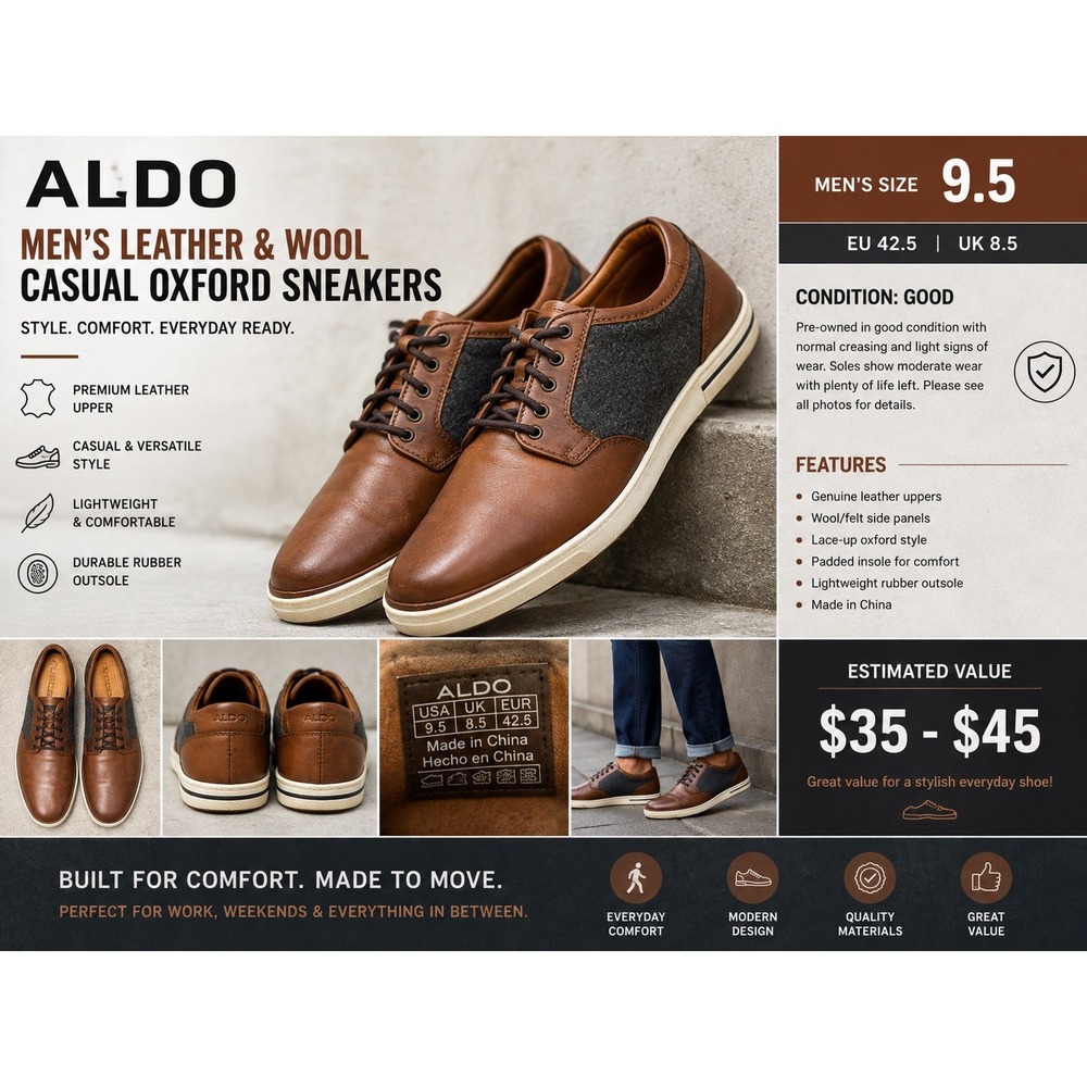 ALDO Men's Brown Leather & Wool Casual Oxford Shoes Size 9.5 Leather Lace-Up